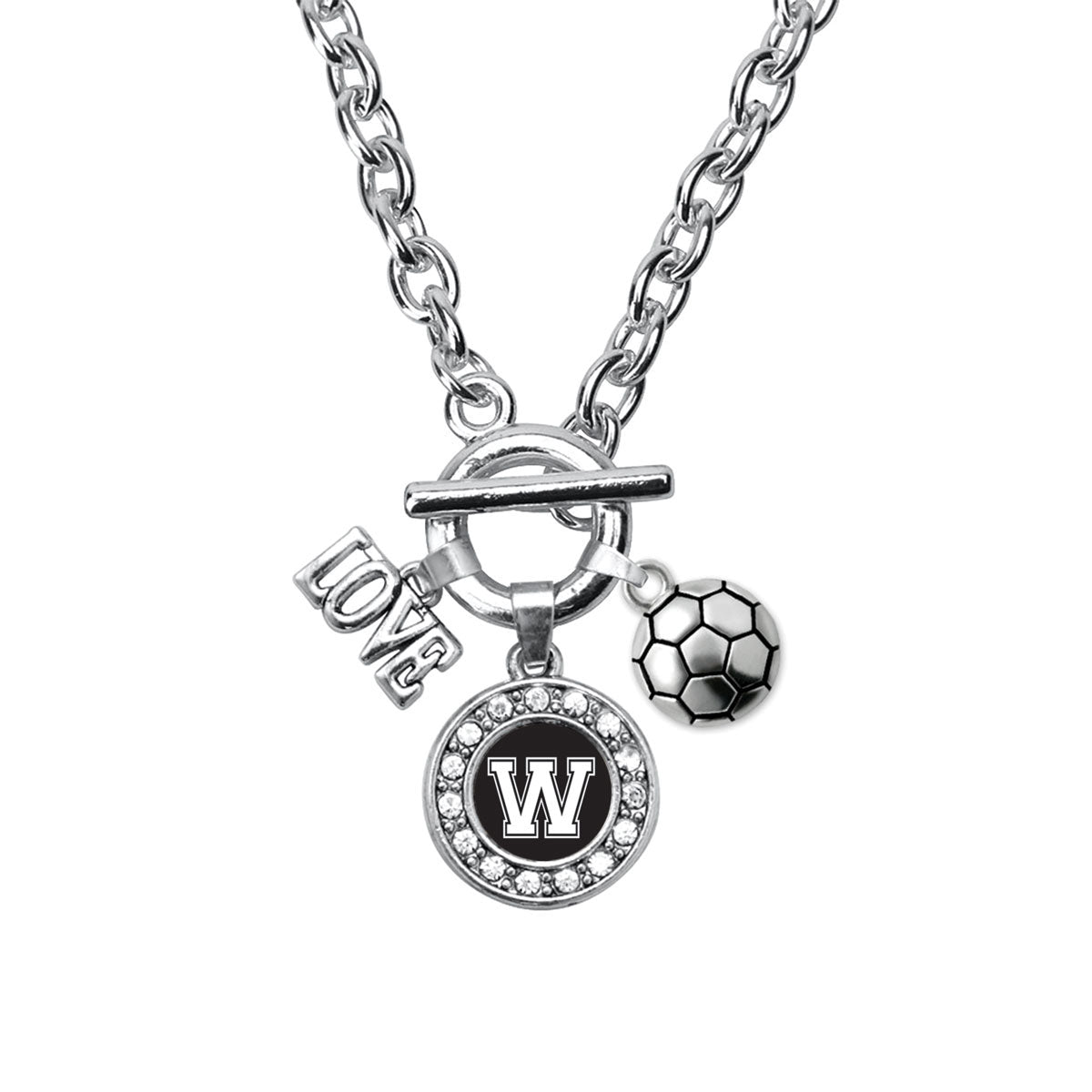 Silver Soccer - Sports Initial W Circle Charm Toggle Necklace