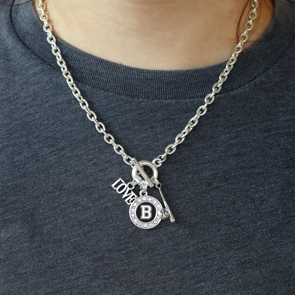 Silver Baseball Bat - Sports Initial B Circle Charm Toggle Necklace