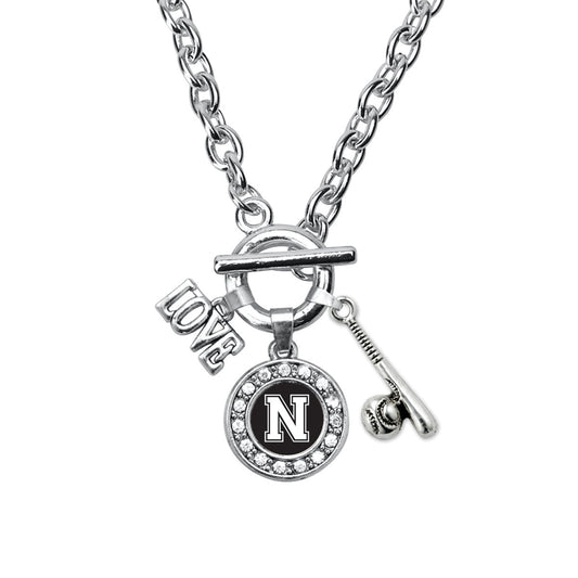 Silver Baseball Bat - Sports Initial N Circle Charm Toggle Necklace