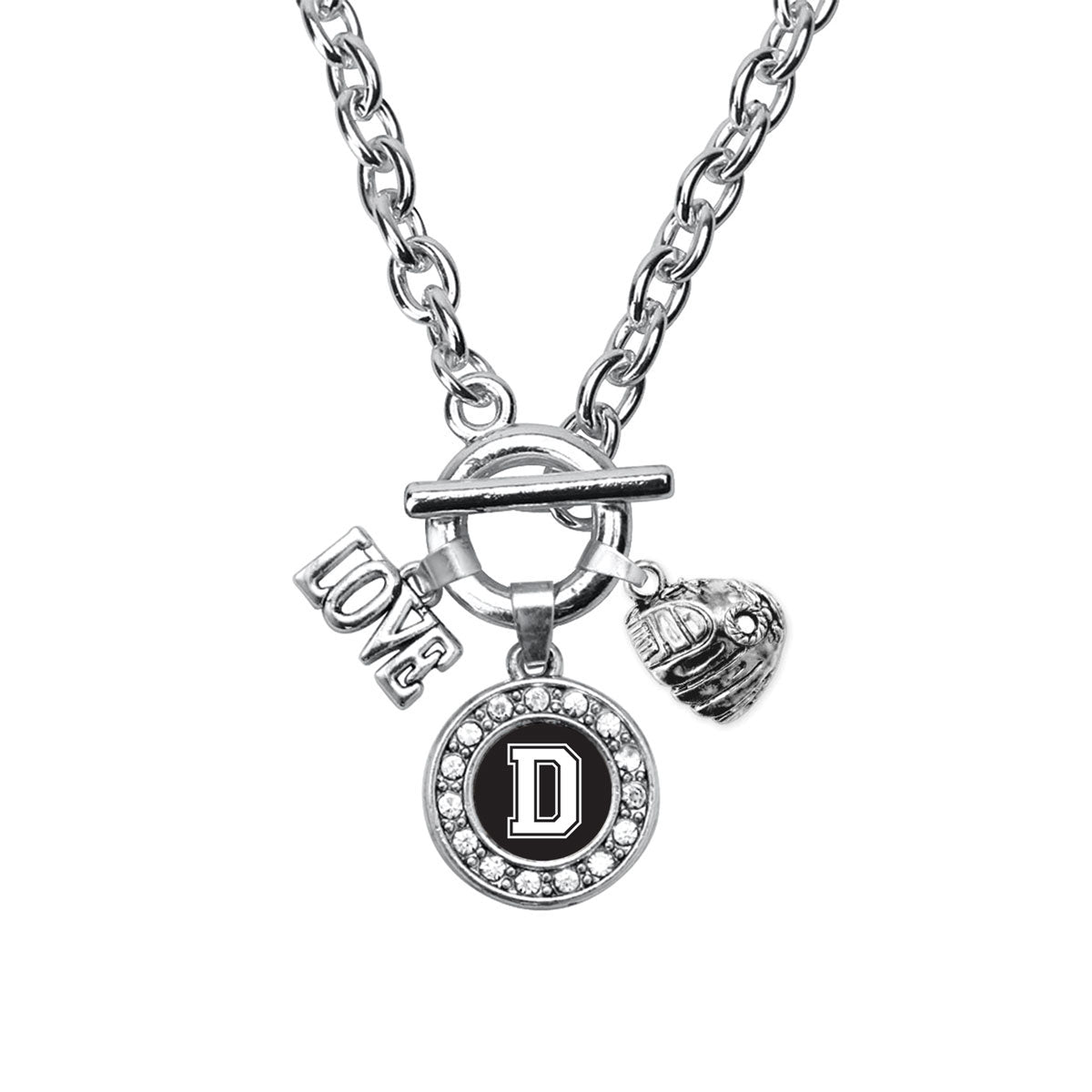 Silver Baseball Glove - Sports Initial D Circle Charm Toggle Necklace
