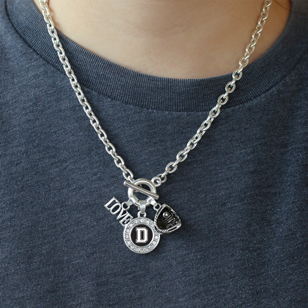 Silver Baseball Glove - Sports Initial D Circle Charm Toggle Necklace