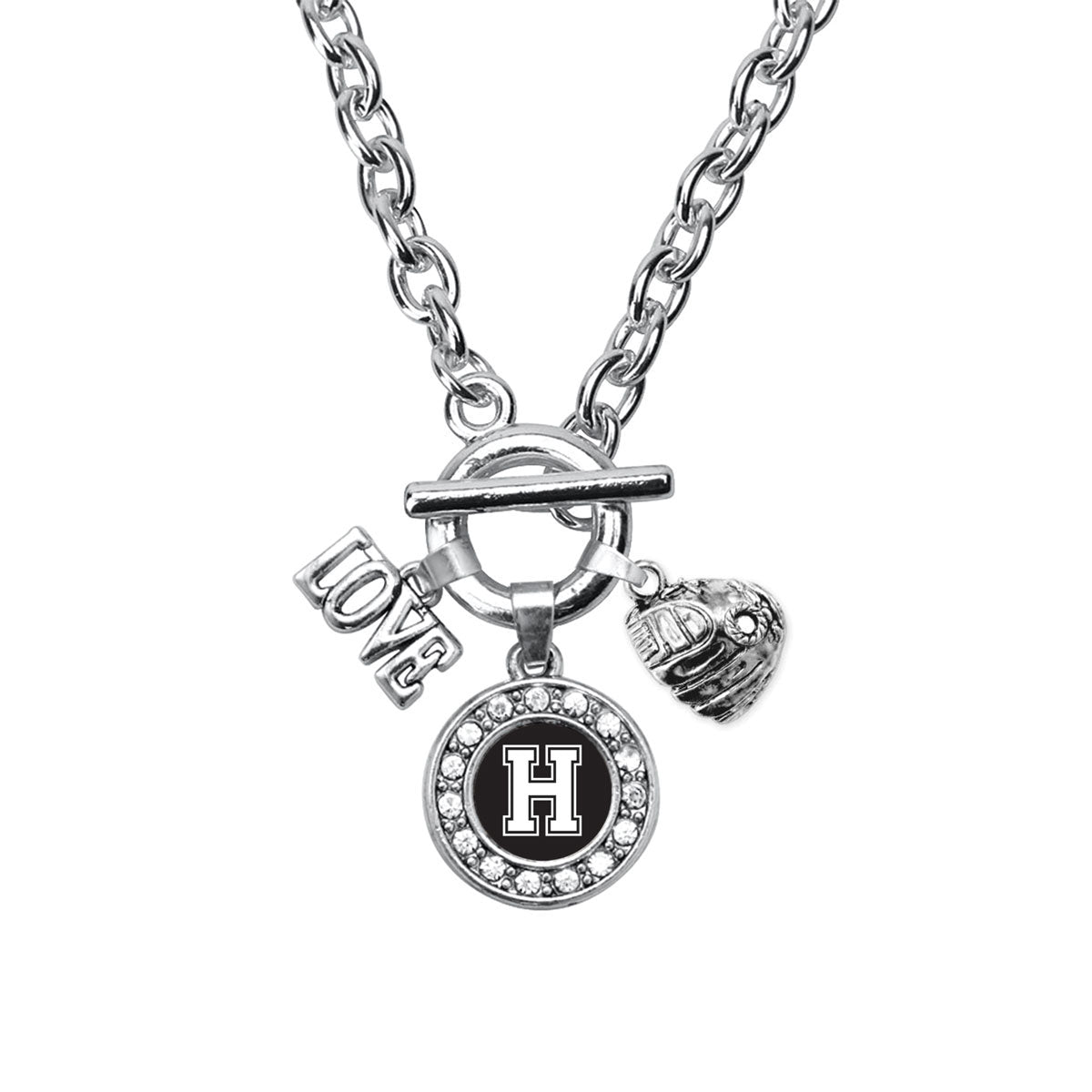 Silver Baseball Glove - Sports Initial H Circle Charm Toggle Necklace