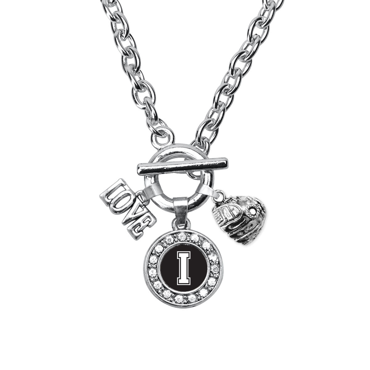 Silver Baseball Glove - Sports Initial I Circle Charm Toggle Necklace