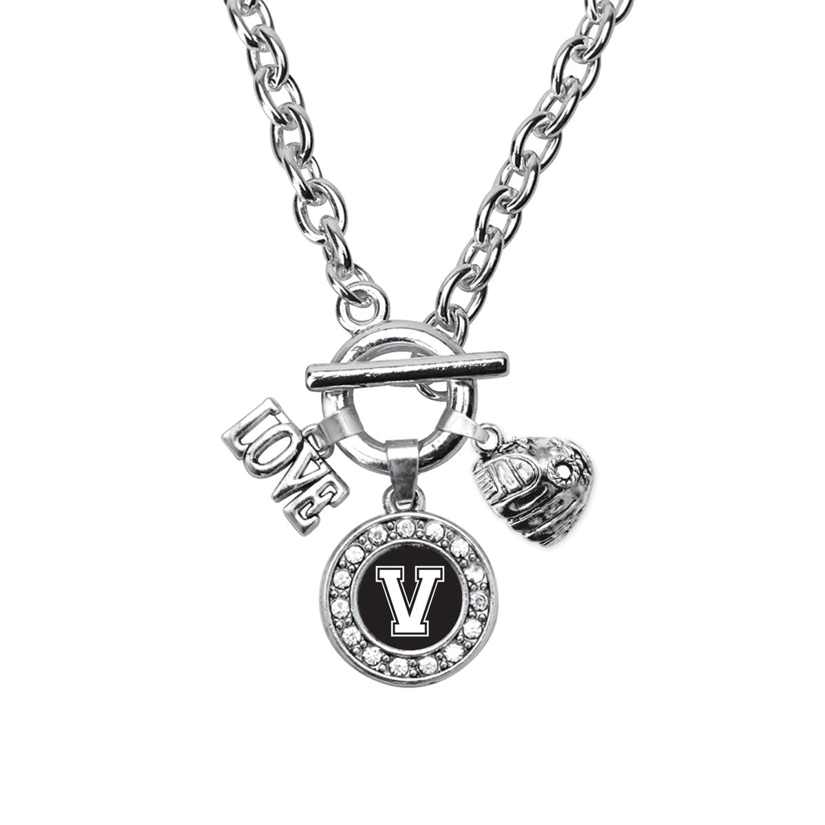 Silver Baseball Glove - Sports Initial V Circle Charm Toggle Necklace