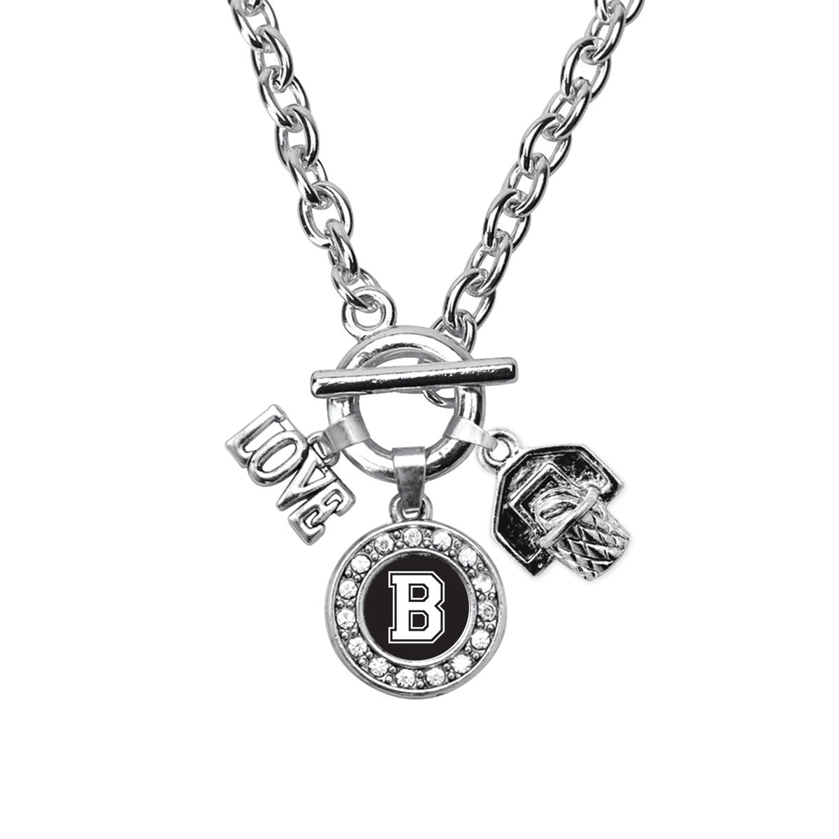 Silver Basketball Hoop - Sports Initial B Circle Charm Toggle Necklace
