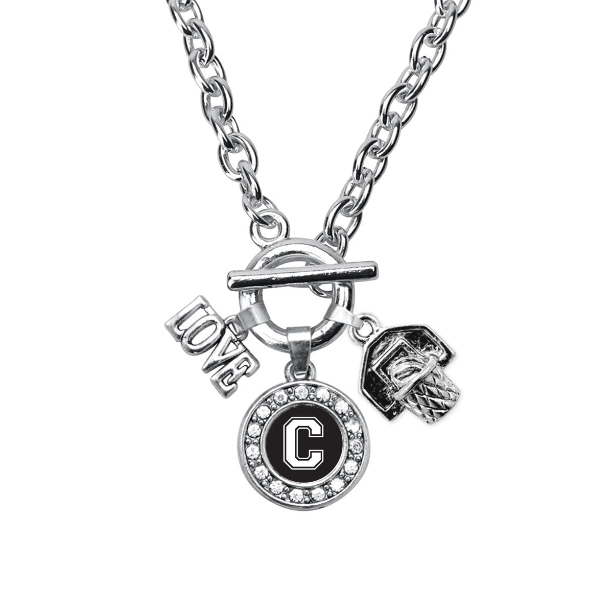 Silver Basketball Hoop - Sports Initial C Circle Charm Toggle Necklace