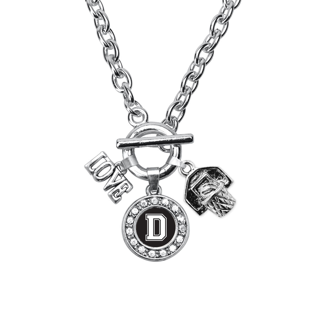 Silver Basketball Hoop - Sports Initial D Circle Charm Toggle Necklace