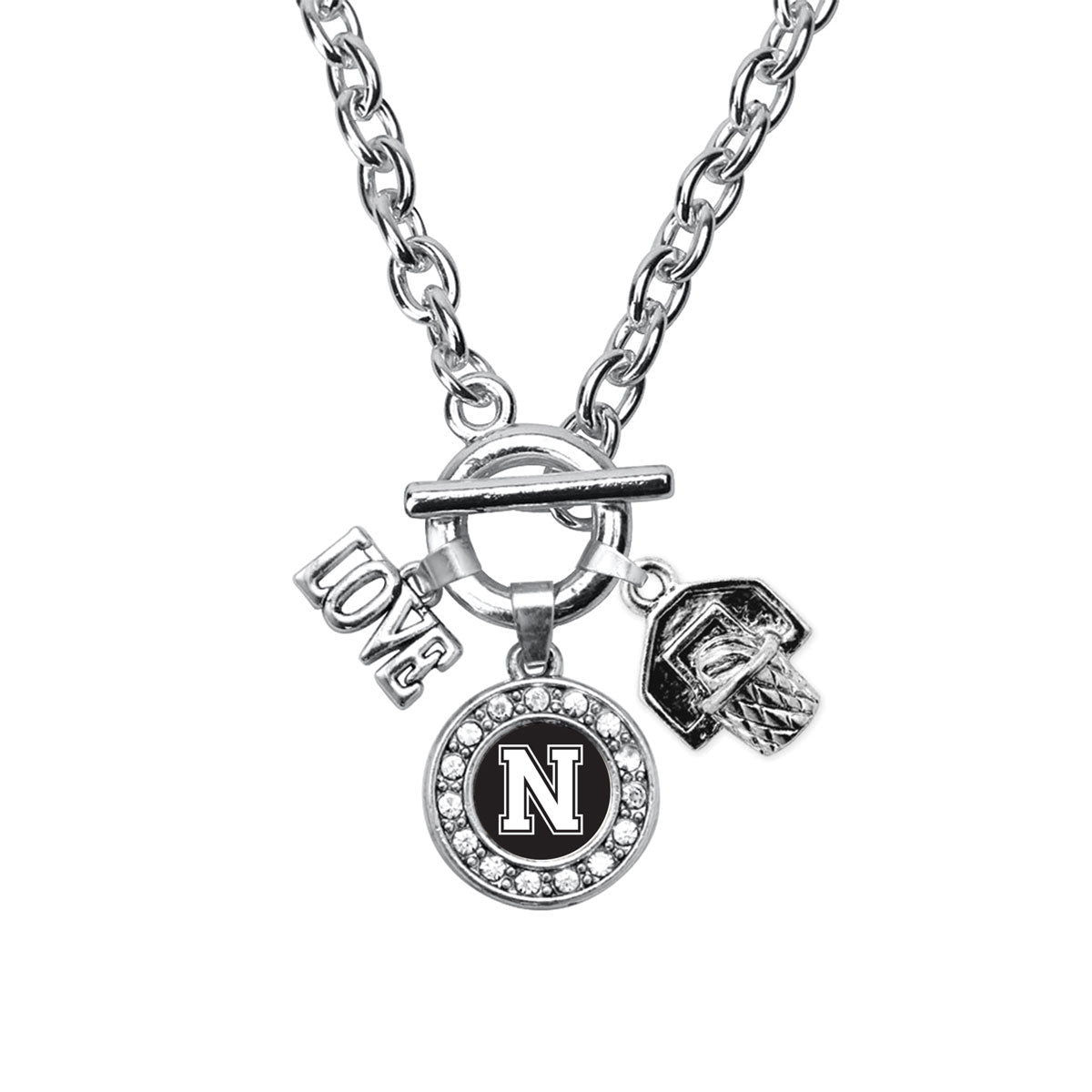 Silver Basketball Hoop - Sports Initial N Circle Charm Toggle Necklace
