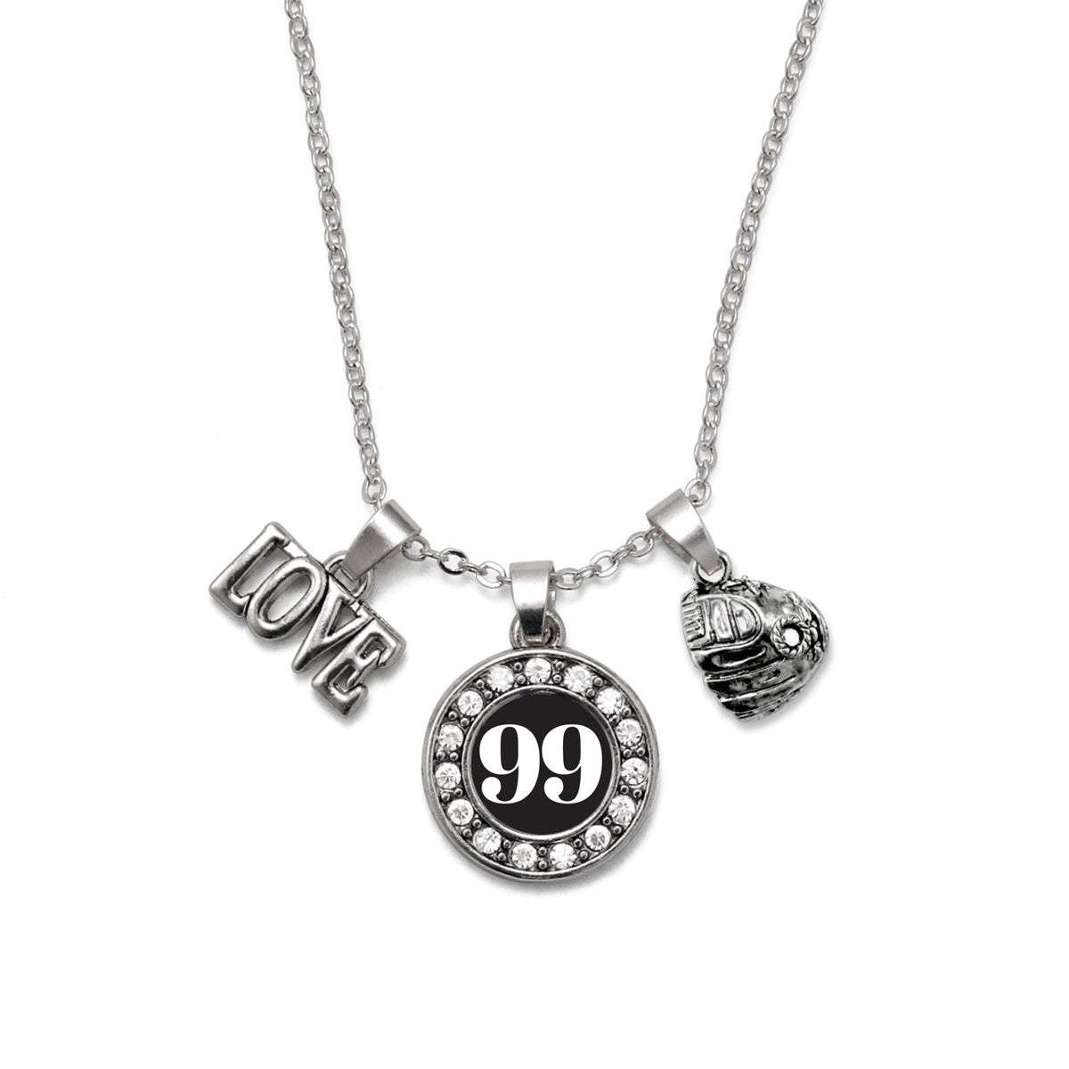 Silver Baseball Glove - Sports Number 99 Circle Charm Classic Necklace