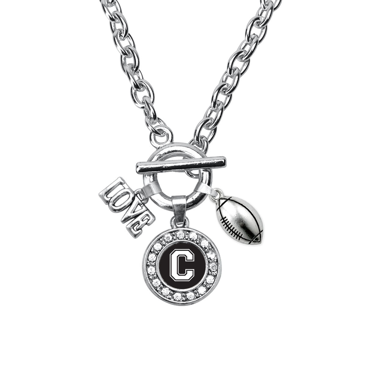 Silver Football - Sports Initial C Circle Charm Toggle Necklace