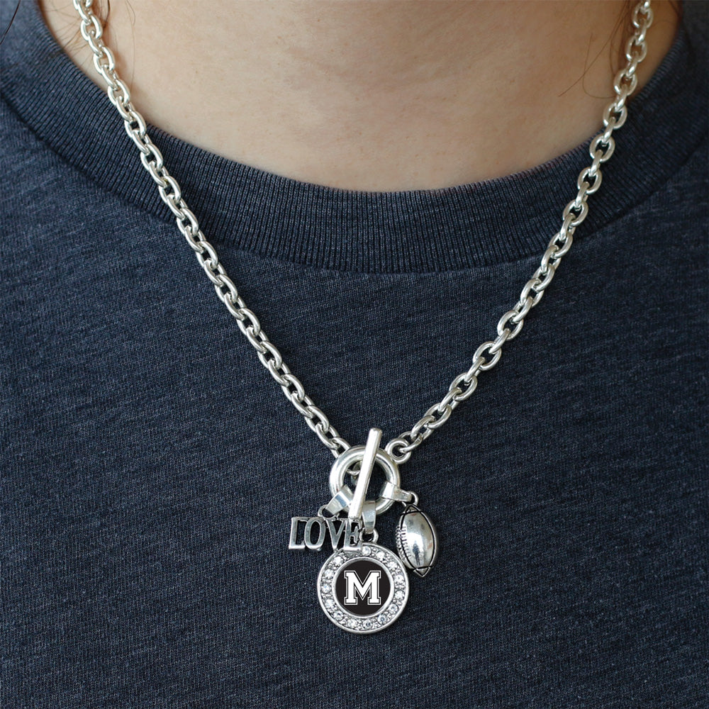 Silver Football - Sports Initial M Circle Charm Toggle Necklace