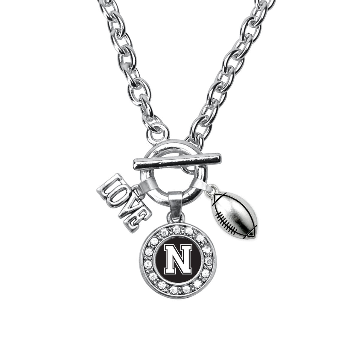Silver Football - Sports Initial N Circle Charm Toggle Necklace