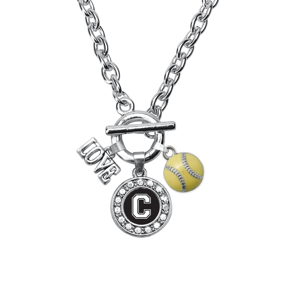 Silver Softball - Sports Initial C Circle Charm Toggle Necklace