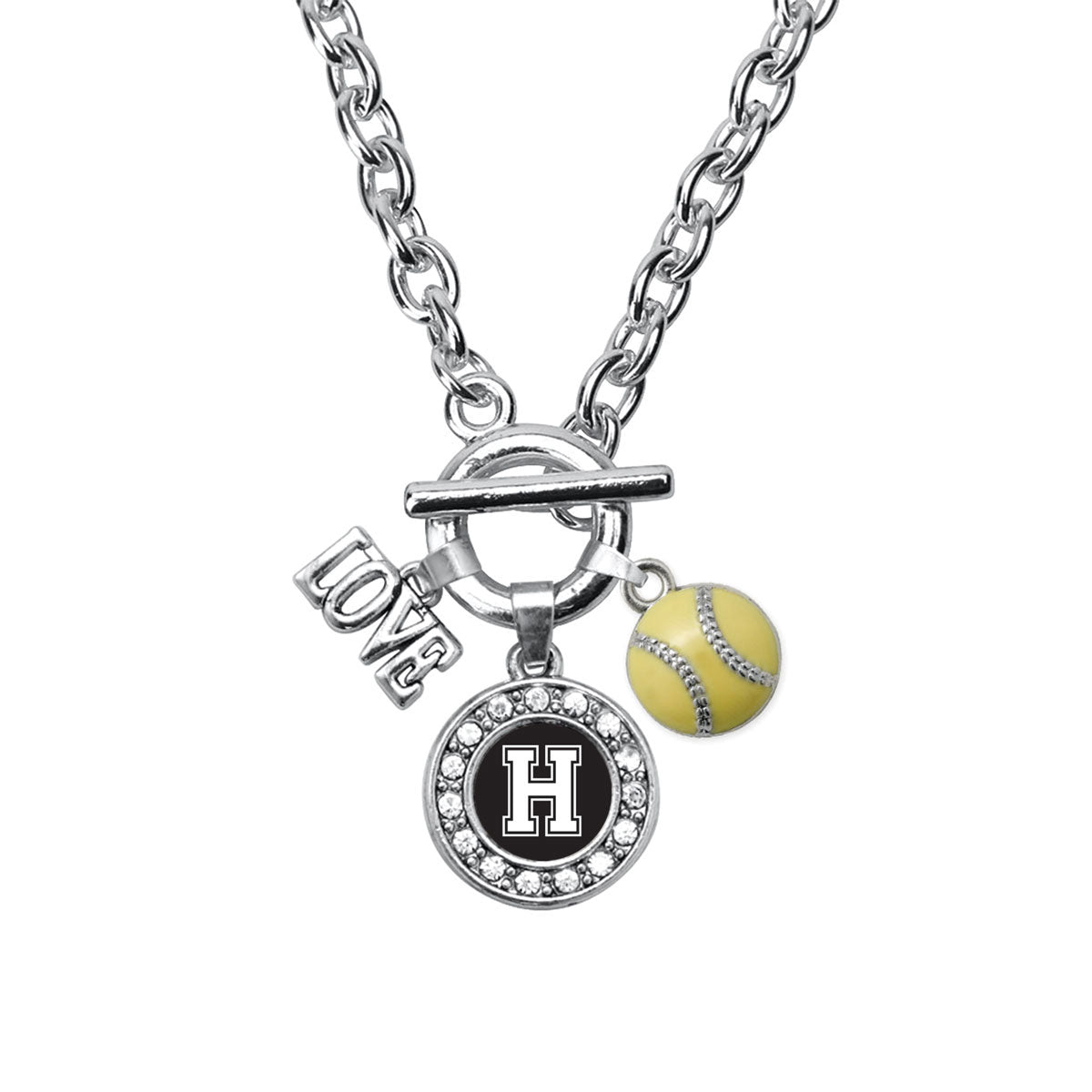 Silver Softball - Sports Initial H Circle Charm Toggle Necklace