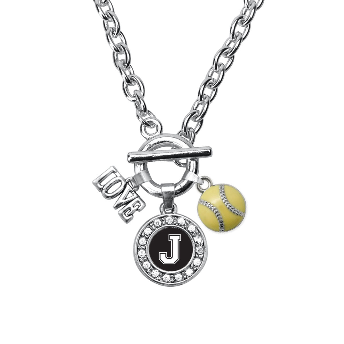 Silver Softball - Sports Initial J Circle Charm Toggle Necklace