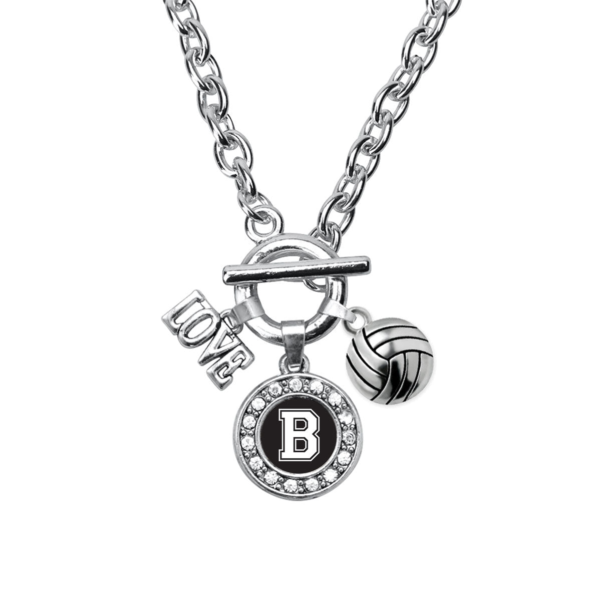Silver Volleyball - Sports Initial B Circle Charm Toggle Necklace