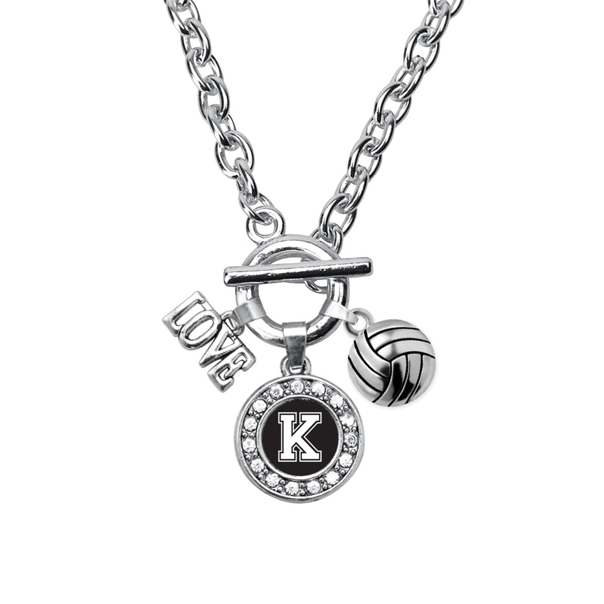 Silver Volleyball - Sports Initial K Circle Charm Toggle Necklace