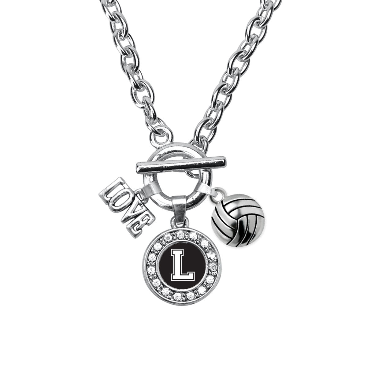 Silver Volleyball - Sports Initial L Circle Charm Toggle Necklace
