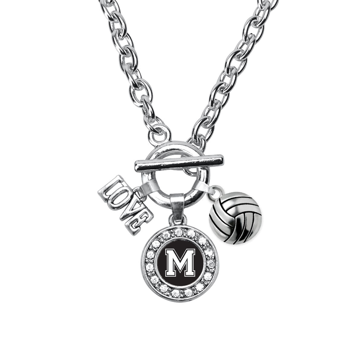 Silver Volleyball - Sports Initial M Circle Charm Toggle Necklace