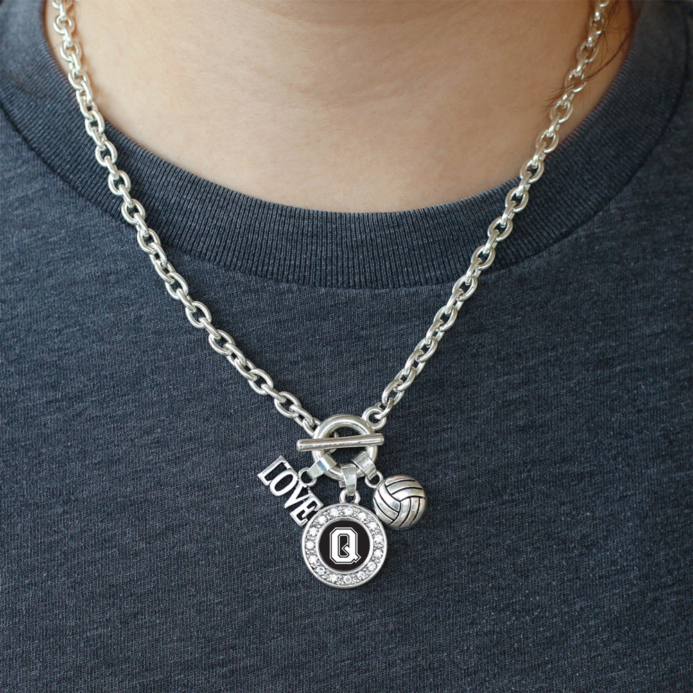 Silver Volleyball - Sports Initial Q Circle Charm Toggle Necklace