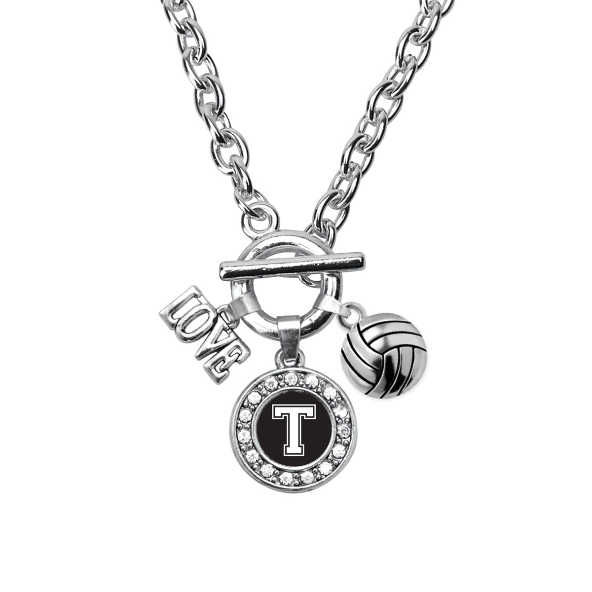 Silver Volleyball - Sports Initial T Circle Charm Toggle Necklace