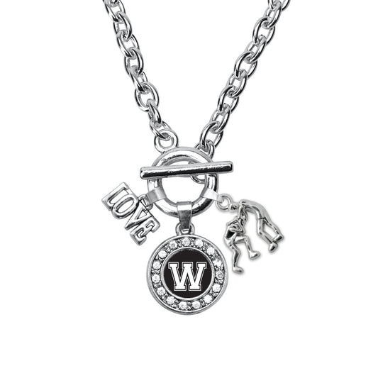 Silver Wrestling - Sports Initial W Circle Charm Toggle Necklace
