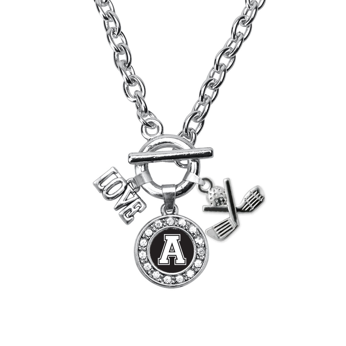 Silver Golf - Sports Initial A Circle Charm Toggle Necklace