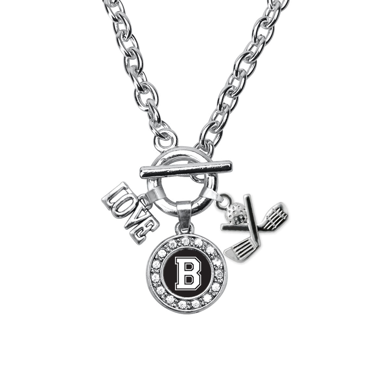 Silver Golf - Sports Initial B Circle Charm Toggle Necklace