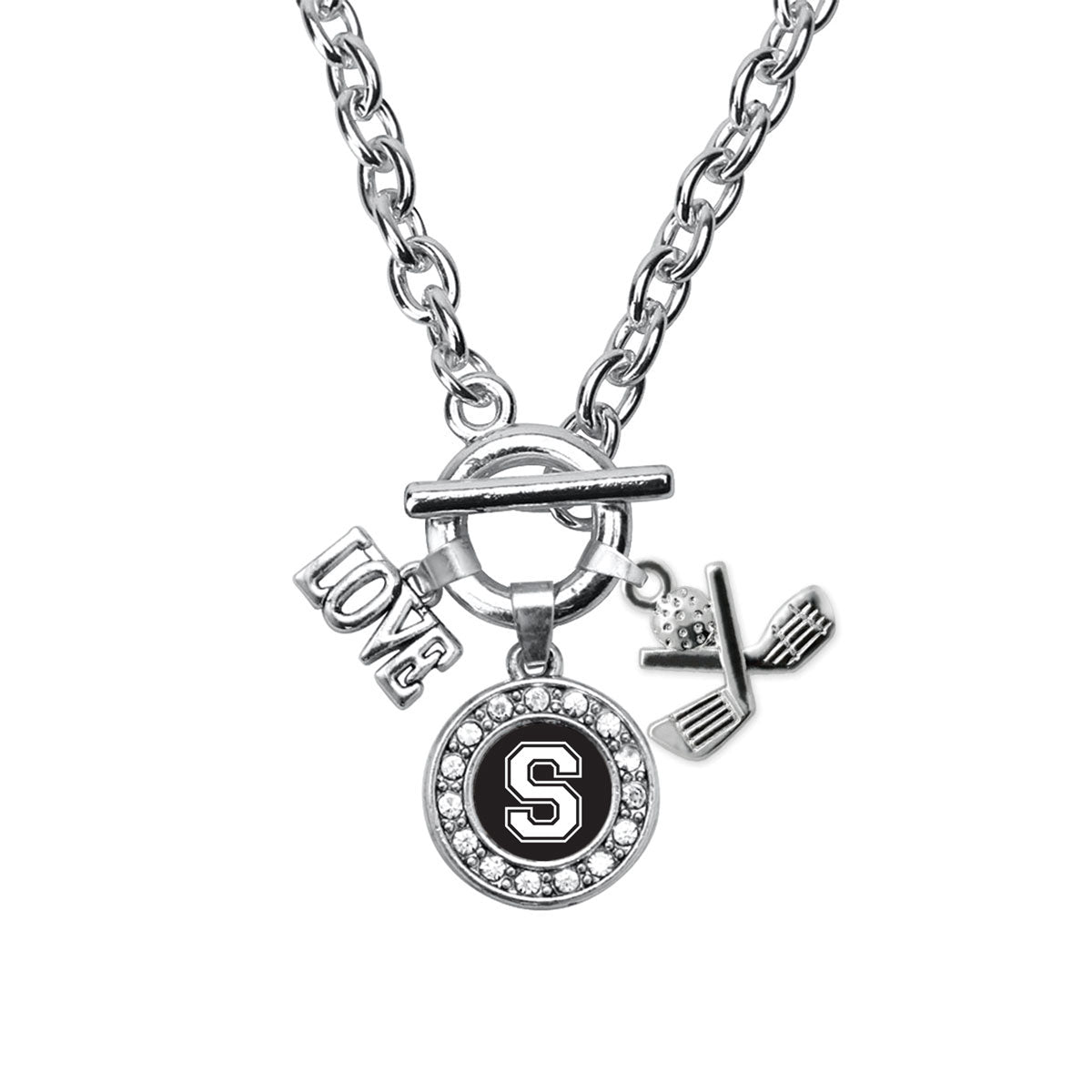 Silver Golf - Sports Initial S Circle Charm Toggle Necklace