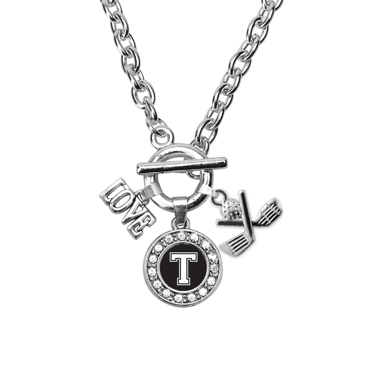 Silver Golf - Sports Initial T Circle Charm Toggle Necklace