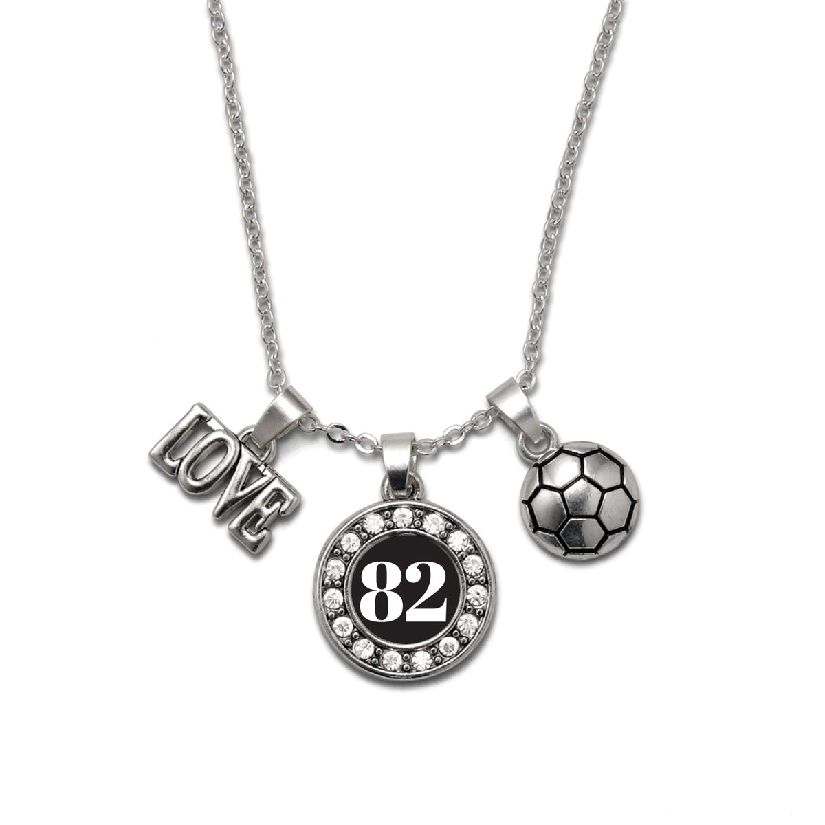 Silver Soccer - Sports Number 82 Circle Charm Classic Necklace