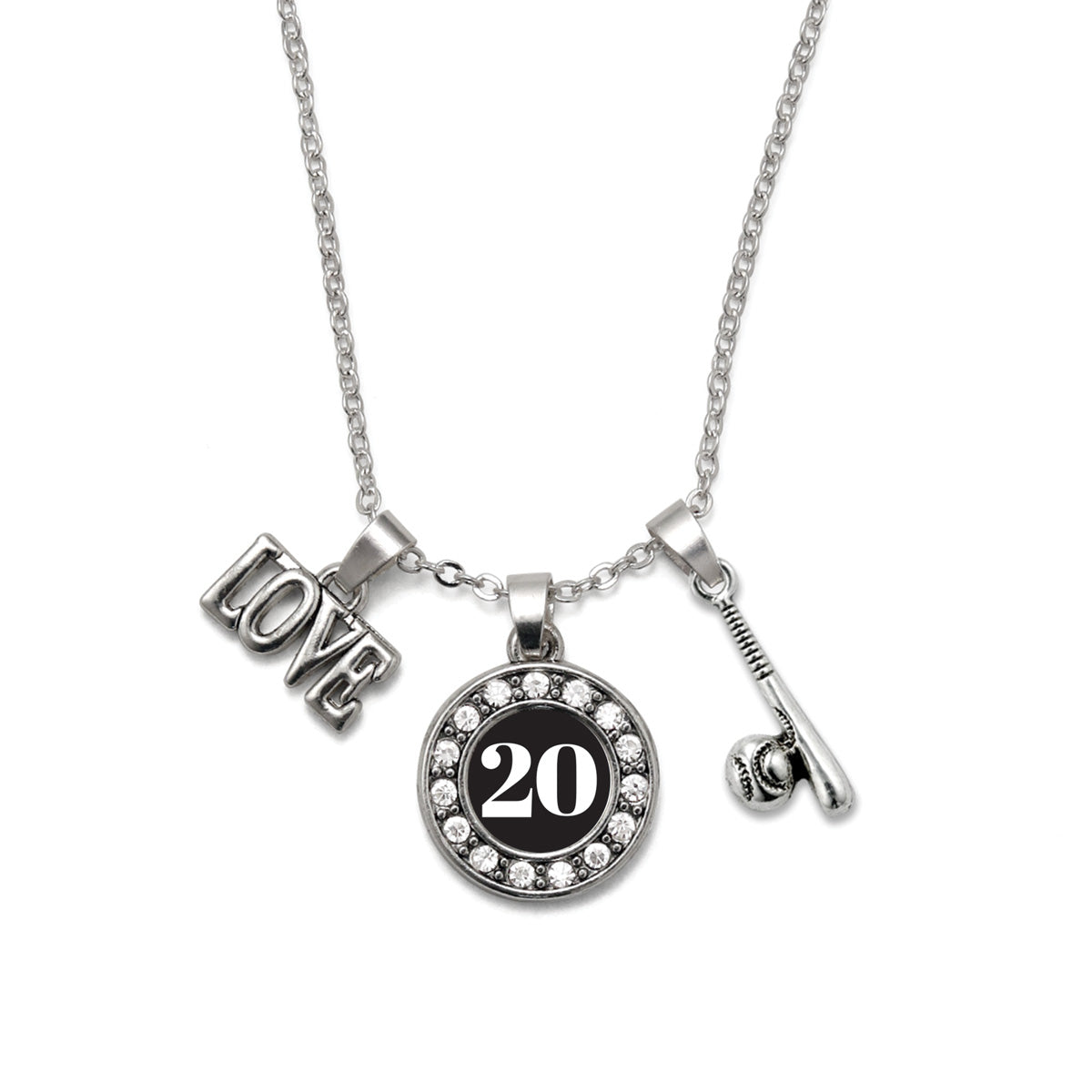 Silver Baseball Bat - Sports Number 20 Circle Charm Classic Necklace