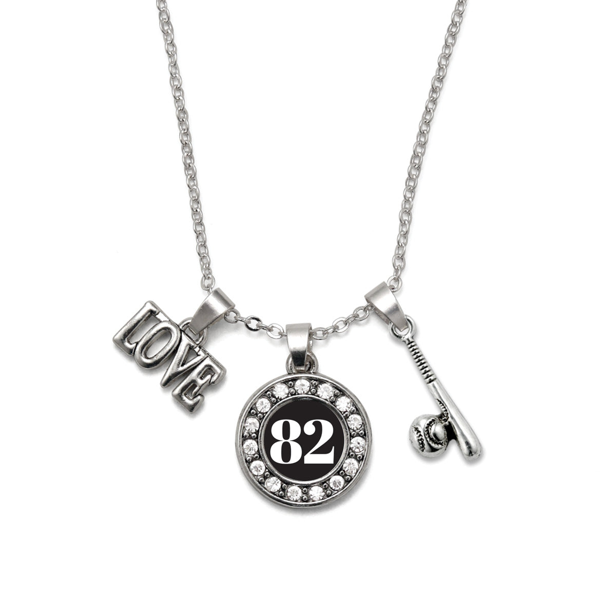 Silver Baseball Bat - Sports Number 82 Circle Charm Classic Necklace