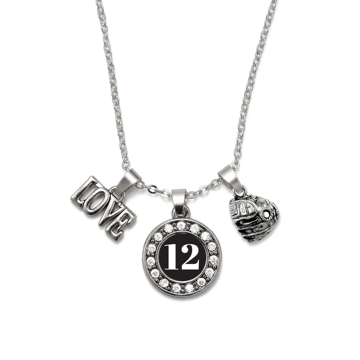 Silver Baseball Glove - Sports Number 12 Circle Charm Classic Necklace