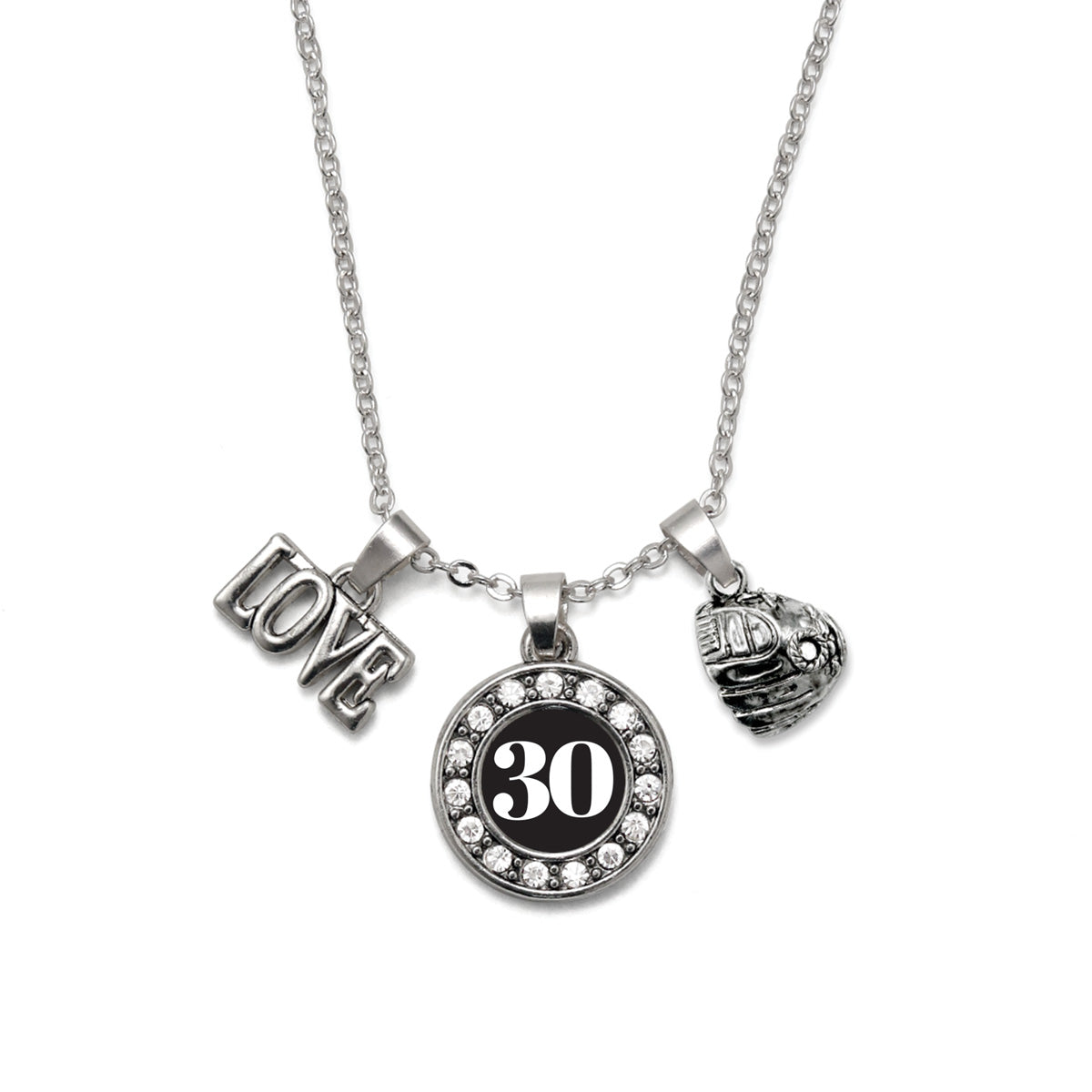 Silver Baseball Glove - Sports Number 30 Circle Charm Classic Necklace