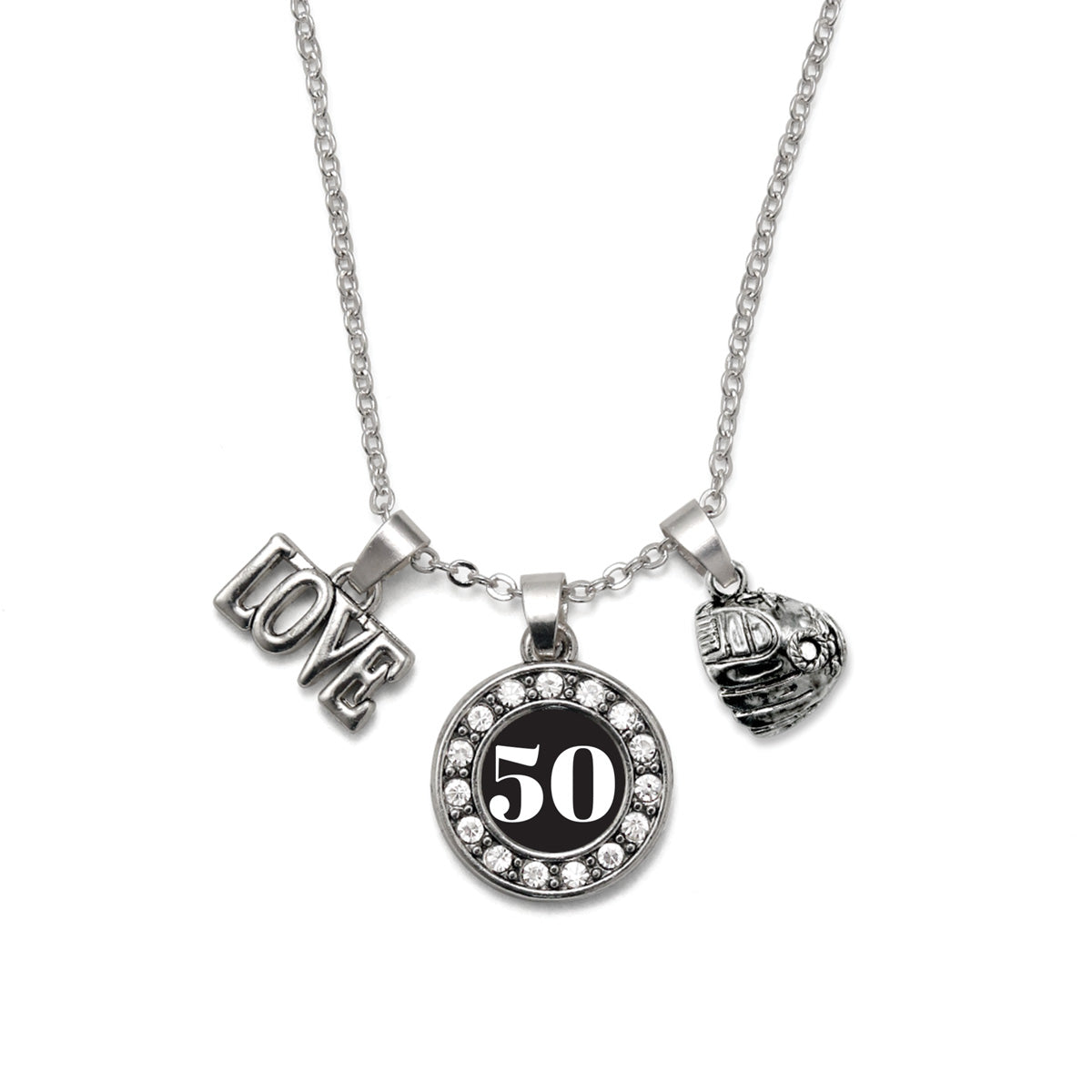 Silver Baseball Glove - Sports Number 50 Circle Charm Classic Necklace
