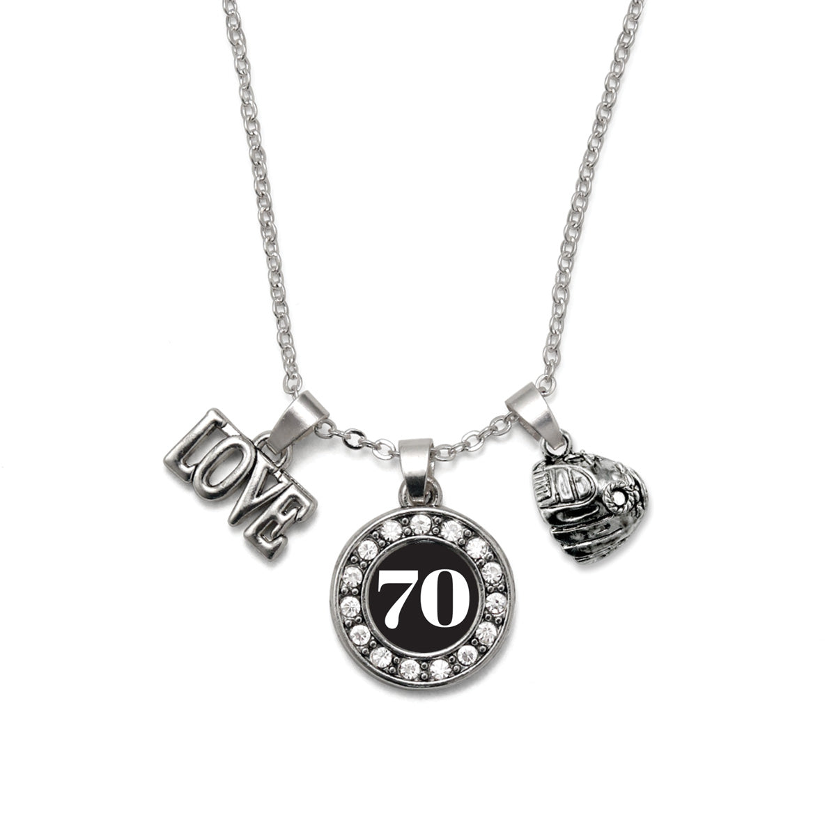 Silver Baseball Glove - Sports Number 70 Circle Charm Classic Necklace