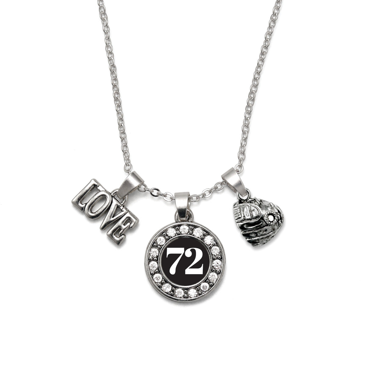 Silver Baseball Glove - Sports Number 72 Circle Charm Classic Necklace