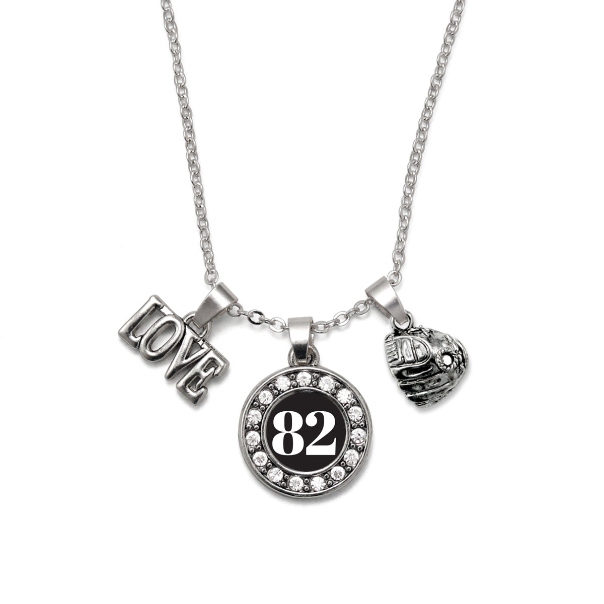 Silver Baseball Glove - Sports Number 82 Circle Charm Classic Necklace