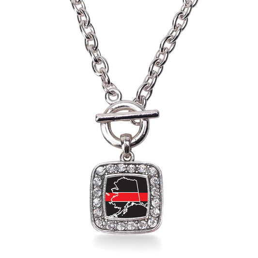 Silver Alaska Thin Red Line Square Charm Toggle Necklace
