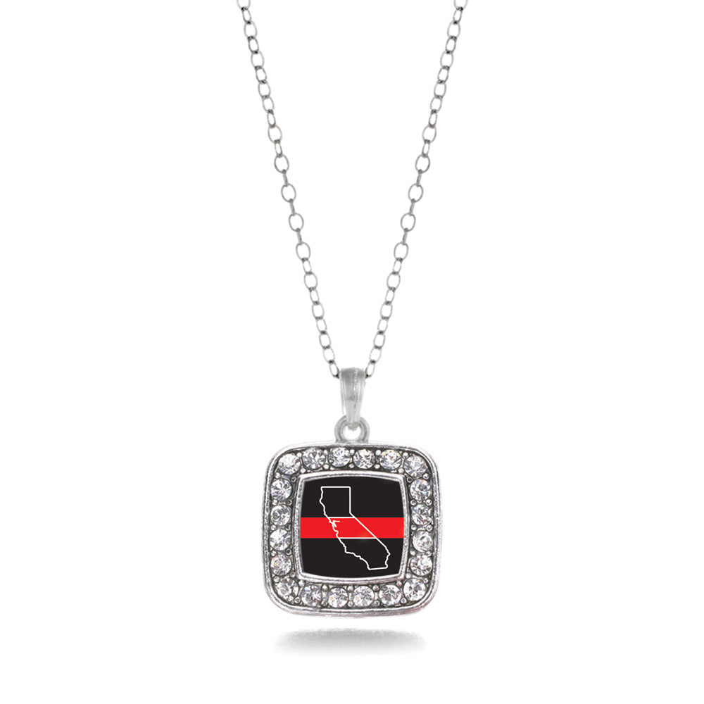 Silver California Thin Red Line Square Charm Classic Necklace