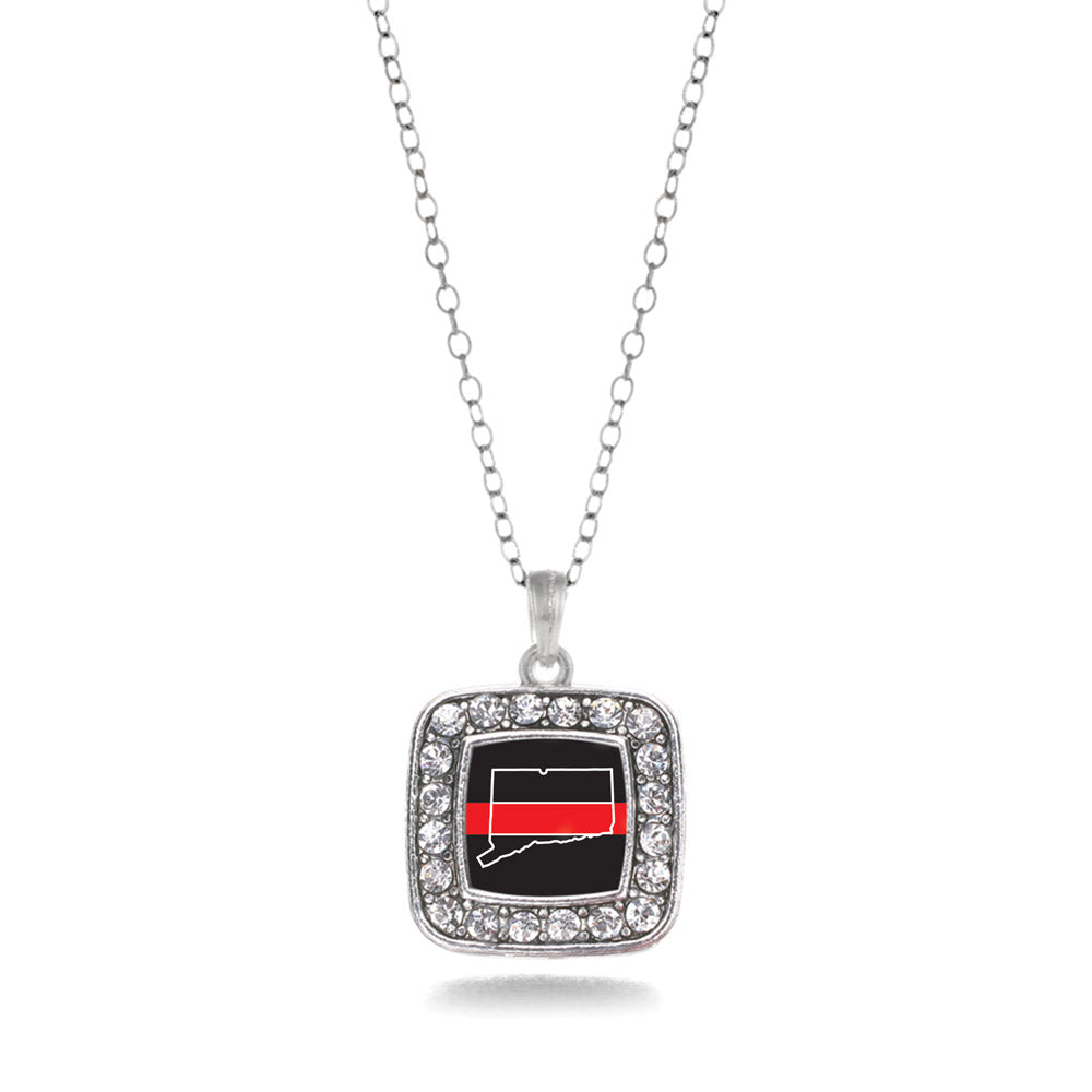 Silver Connecticut Thin Red Line Square Charm Classic Necklace