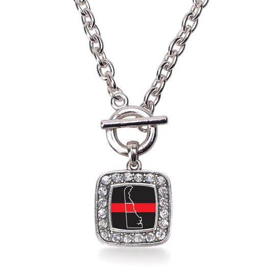 Silver Delaware Thin Red Line Square Charm Toggle Necklace