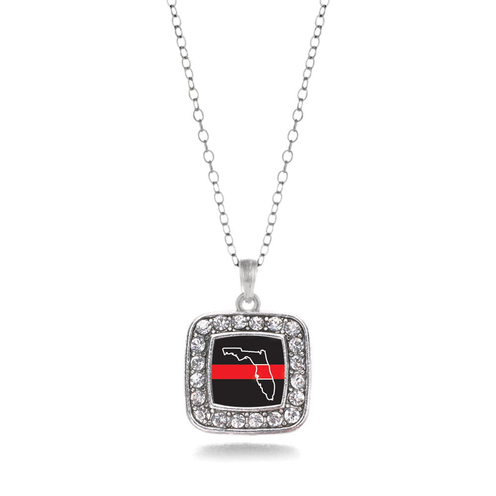 Silver Florida Thin Red Line Square Charm Classic Necklace