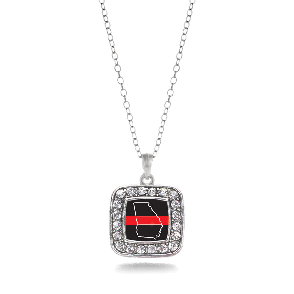 Silver Georgia Thin Red Line Square Charm Classic Necklace