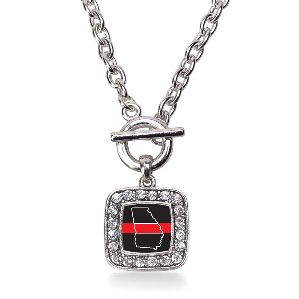 Silver Georgia Thin Red Line Square Charm Toggle Necklace