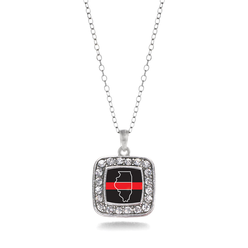 Silver Illinois Thin Red Line Square Charm Classic Necklace
