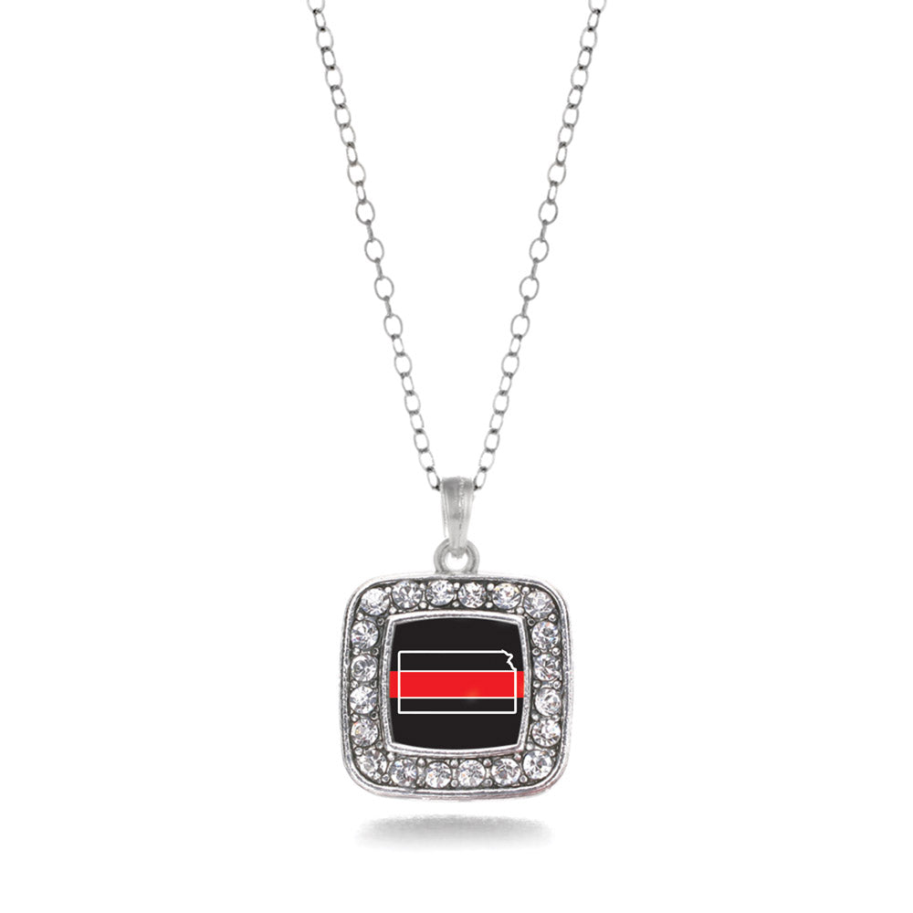 Silver Kansas Thin Red Line Square Charm Classic Necklace
