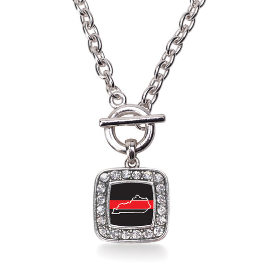 Silver Kentucky Thin Red Line Square Charm Toggle Necklace