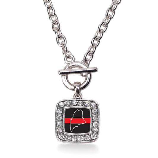 Silver Maine Thin Red Line Square Charm Toggle Necklace